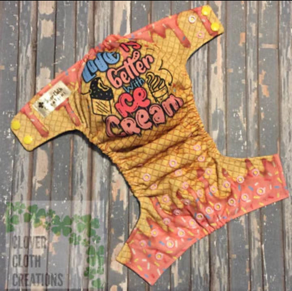 Life is Better with Ice Cream (Strawberry) Cloth Diaper - Made to Order
