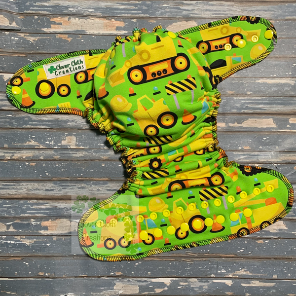 Lime Construction Trucks Fitted Cloth Diaper - Made to Order