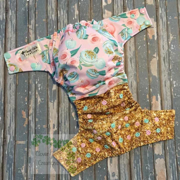 Macarons & Peonies with Gold Glitter Cloth Diaper - Made to Order