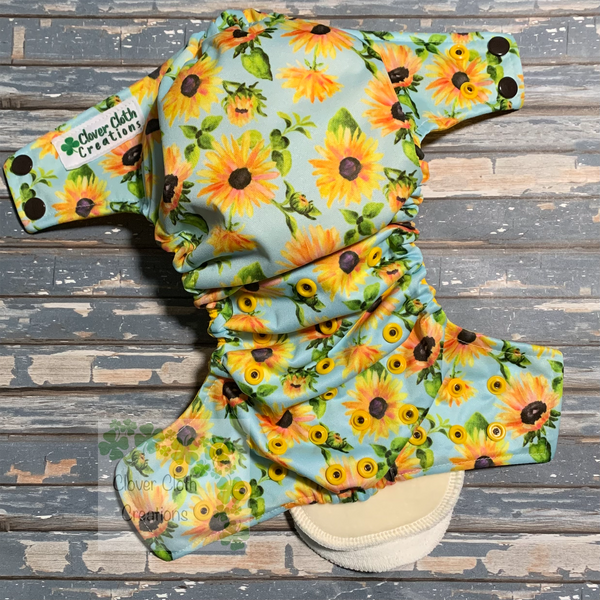 Sunflowers Aqua Cloth Diaper - Made to Order